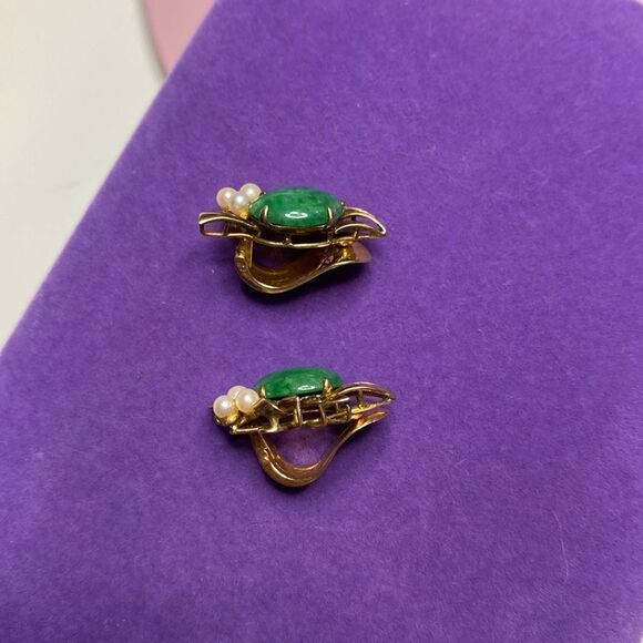 💛 Vintage 14k Yellow Gold 10.43ct Jade & White Pearl Clip On Earrings - Picture 6 of 7
